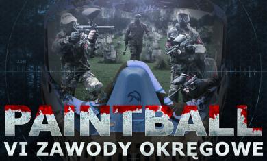 Grafika komputerowa przedstawiająca okulary paintbalowe. W dolnej części grafiki napis Paintball, VI Zawody Okręgowe.